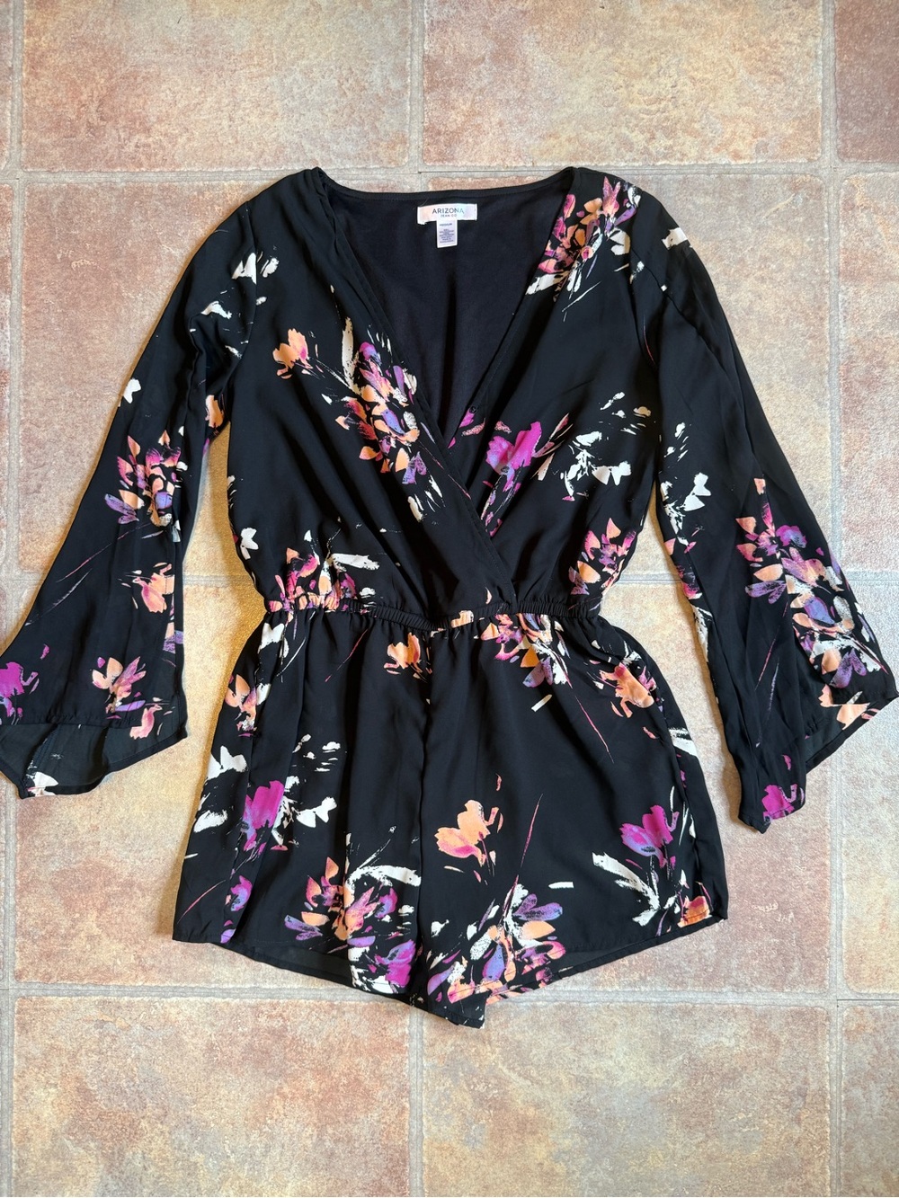 Arizona Jean Company Black Floral Wrap Romper with Pink & Orange Accents